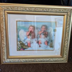 Precious Print of Twin Baby Angels Under Glass in Nice Frame