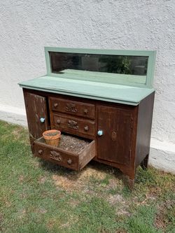 Antique Wood Buffet Sideboard with Mirror