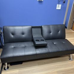 Convertible Sofa Adjustable Couch Faux Leather Recliner 2 Cup Holders Black