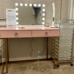 Pink Office/Vanity Desk with Built-in Phone Charging