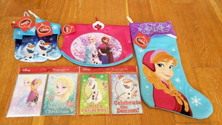 Assortment Of Disney Frozen Holiday Christmas Greeting Cards, Stocking, Tree Skirt, Anna, Elsa, Olaf
