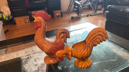 Pair of ceramic folk, art rooster figurines