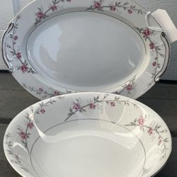 Vintage Lot of 2 serving dishes Norleans Debonaire Bone China Pink Roses