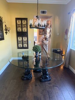 Modern Glass Dining Table with stone pedestal bases
