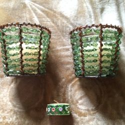 2 New Green Beaded Candleholders And Tea Light