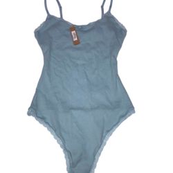 Retired NWT SKIMS Size Large Pointelle thong bodysuit top sky blue LOGO