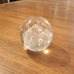 Vintage Clear Bubbles Round Crystal Ball Paperweight Infused With Air Bubbles & A Cloud
