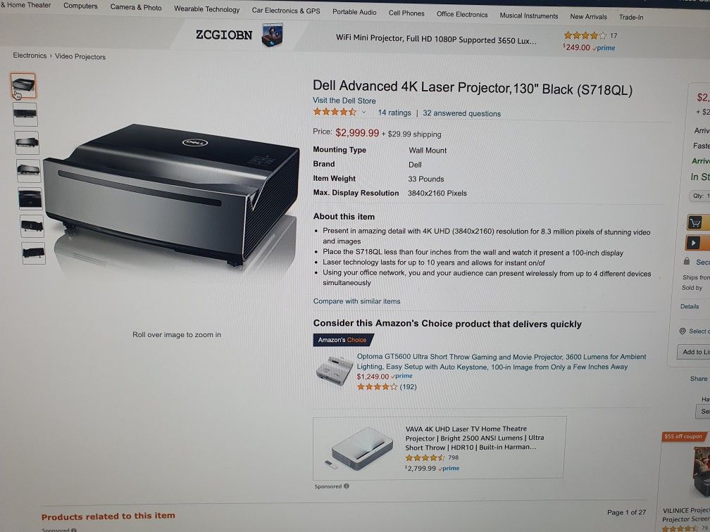 Dell Advanced 4K Laser Projector 130" Black
