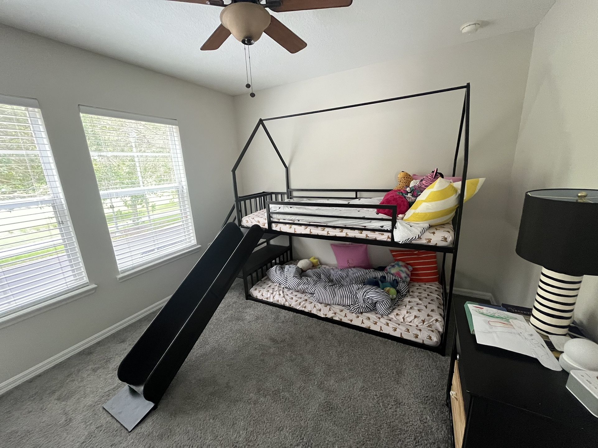 Twin over twin metal bunk bed frame with Slide and stairs