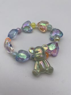 Iridescent heart pearls and teddy bear charm bracelet