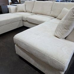 Beige Corduroy Sectional with storage ottoman