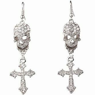 Punk Gothic Clear Silver Fine Diamond Crystal Rhinestone Skeleton Skull Cross Statement Earrings