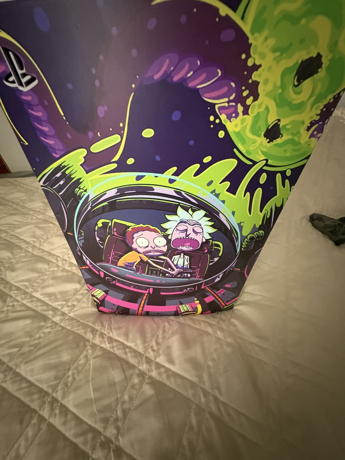 Rick and morty wrapped Ps5 with black and gray camo controller 
