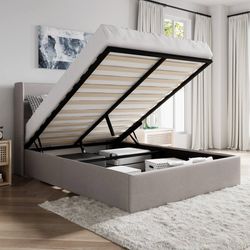 Queen Size Lift Up Platform Bed Frame with Upholstered Channel Headboard, Wingback & Storage,Beige
