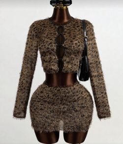 Cropped Fluffy Long Sleeve and Skirt Set