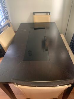 Dark Wood Dining Table with Glass Inlay and 4 Chairs and bench seat