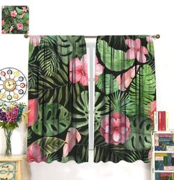 Green Leaf Blackout Curtains Pink Green Flowers Leaves Tropical Jungle Plant Wat