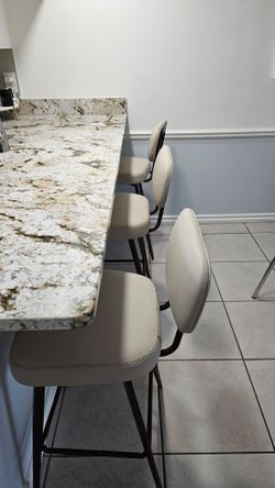 Set of 3 Beige Leather Bar Stools