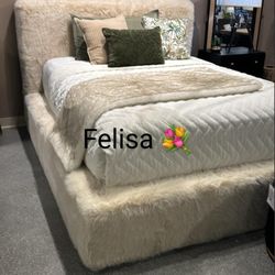Rebecca Faux Fur Upholstered Queen Bed Cream