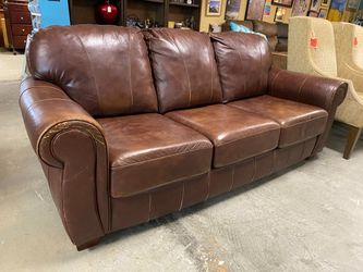 Brown Leather Rolled Arm 3-Seat Sofa