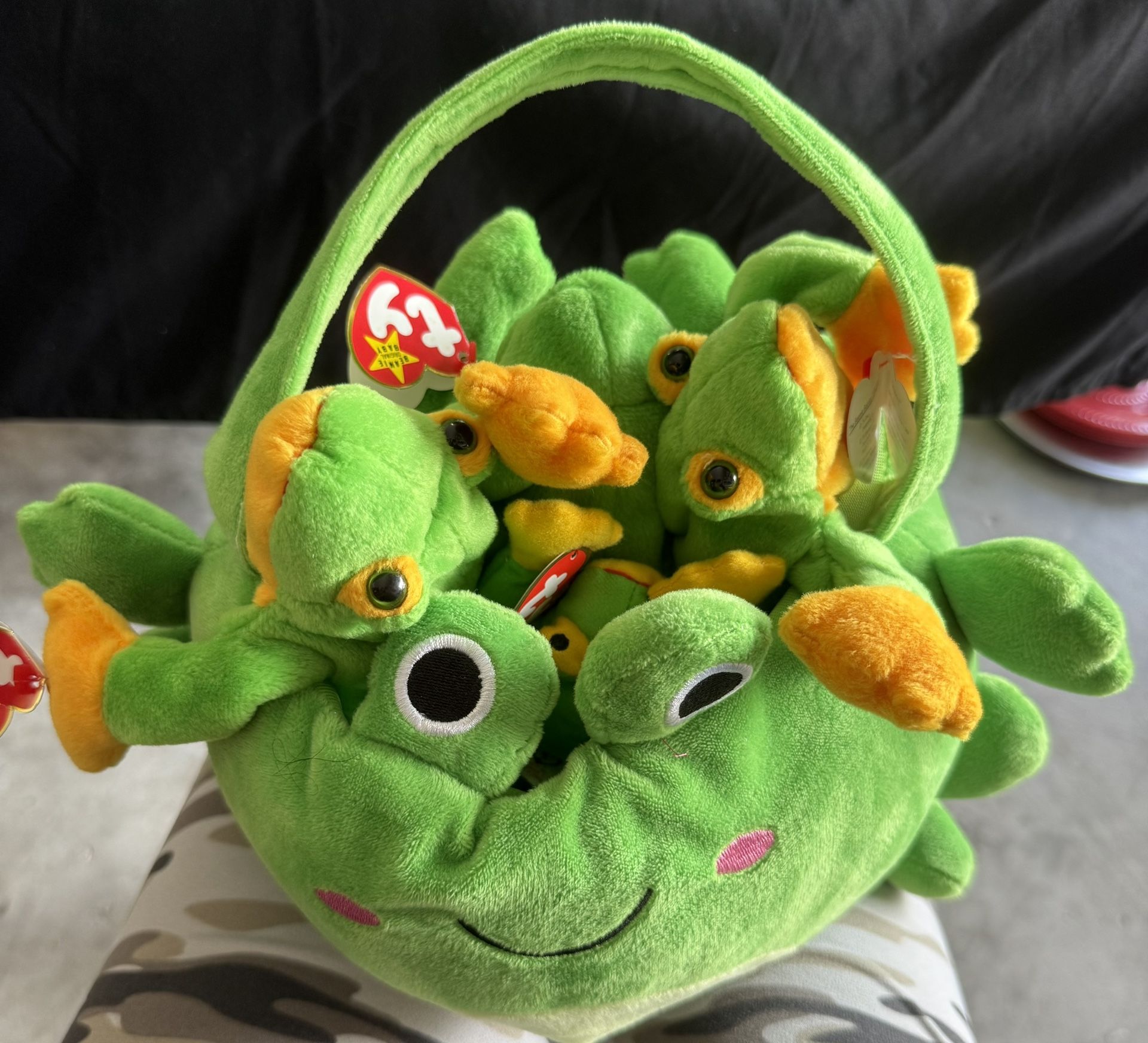 TY Beanie Baby Frogs In Frog Basket