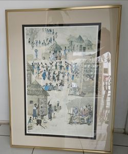 Framed Artmaster Studios print. African village market artwork, gold metal frame, ready to hang. Good condition. 36x48"