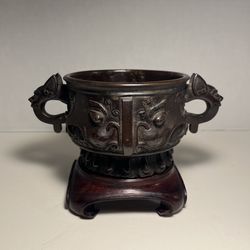 Antique Japanese Bronze Censer Incense Burner with Wooden Base