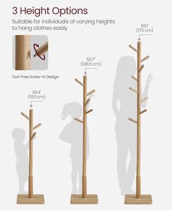 VASAGLE Solid Wood Coat Tree Rack Free Standing Hall with 8 Hooks - Natural Beige