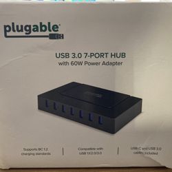 Plugable 7-in-1 USB Charging Hub with Data Transfer for Laptops with USB-C or USB 3.0 - Multiport Charging and USB Data Transfer - 60W Power Adapter