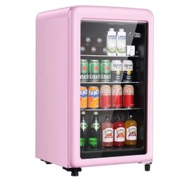 Retro Mini Fridge 3.2 Cu.Ft Freestanding Beverage Cooler with Glass Door Vintage Style Customizable Drink Center