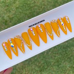Long stiletto yellow press on nails rhinestones matte handmade