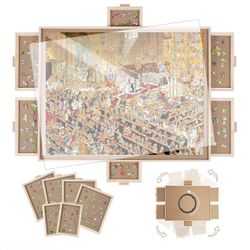 BuilderButler 1000 Pieces Rotating Puzzle Board with 6 Drawers,30.16"x22.44" Portable Wooden Jigsaw Puzzle Table with Lazy Susan Spinning Cover