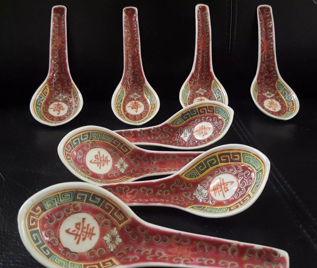 Mid century Chinese Porcelain Spoons, stands Wan shou Wu Jiang vintage longevity