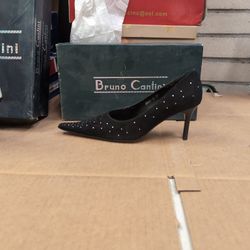 Two Pairs Of Bruno Clintini Shoes One Black Rhinestone Heels And The Other White Rhinestone Boot Heels