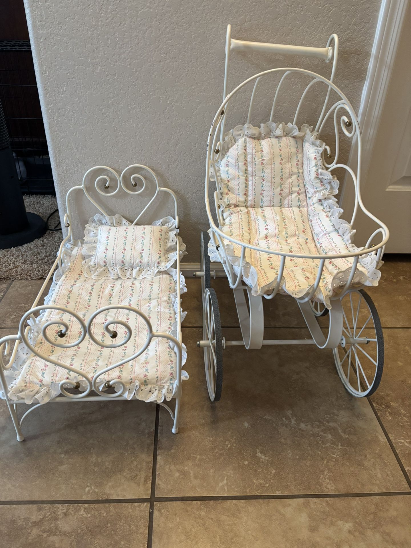 Vintage Wrought Iron Doll Bed And Stroller