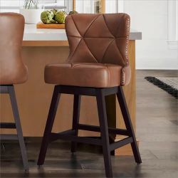Brown/Faux leather Counter height Upholstered Swivel Wood Bar Stool 2 -Pack