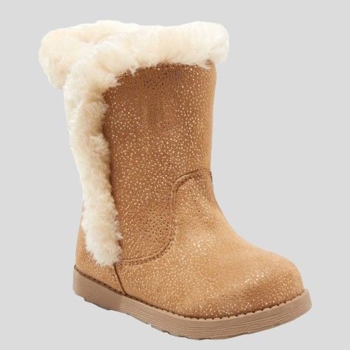 Shearling Winter Boots Size 5 w/ Fur Lining and Zipper in Tan Brown & Cream by Cat & Jack