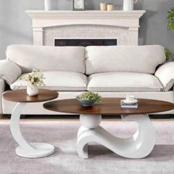 2 PIECE COFFEE TABLE SET BROWN ROUND OVAL 