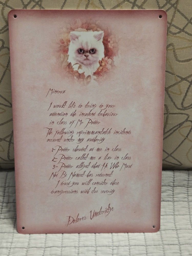Harry Potter Dolores Umbridge Sign Tin Letter to McGonagall 8" x 12"