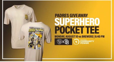 San Diego Padres Superhero Pocket Tee Presale from game on 8/10/26 Pick Size  $39.95