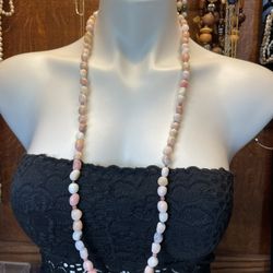 QVC 925 Sterling Silver Pink Boulder Opal Long Beaded Necklace 35”