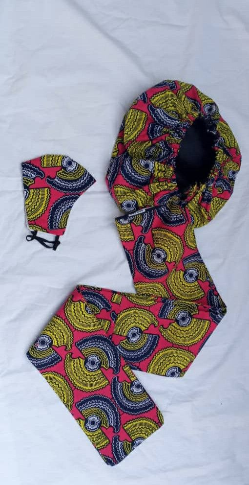 Handmade African print headwrap with satin lined and face masks set