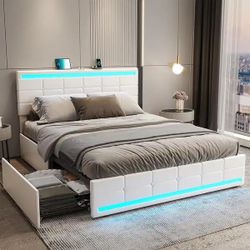 LED Bed Frame Platform Bed 2 USB Ports 4 Storage Drawers - White - Full