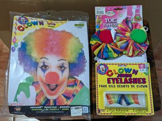 3-Piece Rainbow Clown Accessory Lot – Wig, Toe Toppers & Jumbo Eyelashes.
