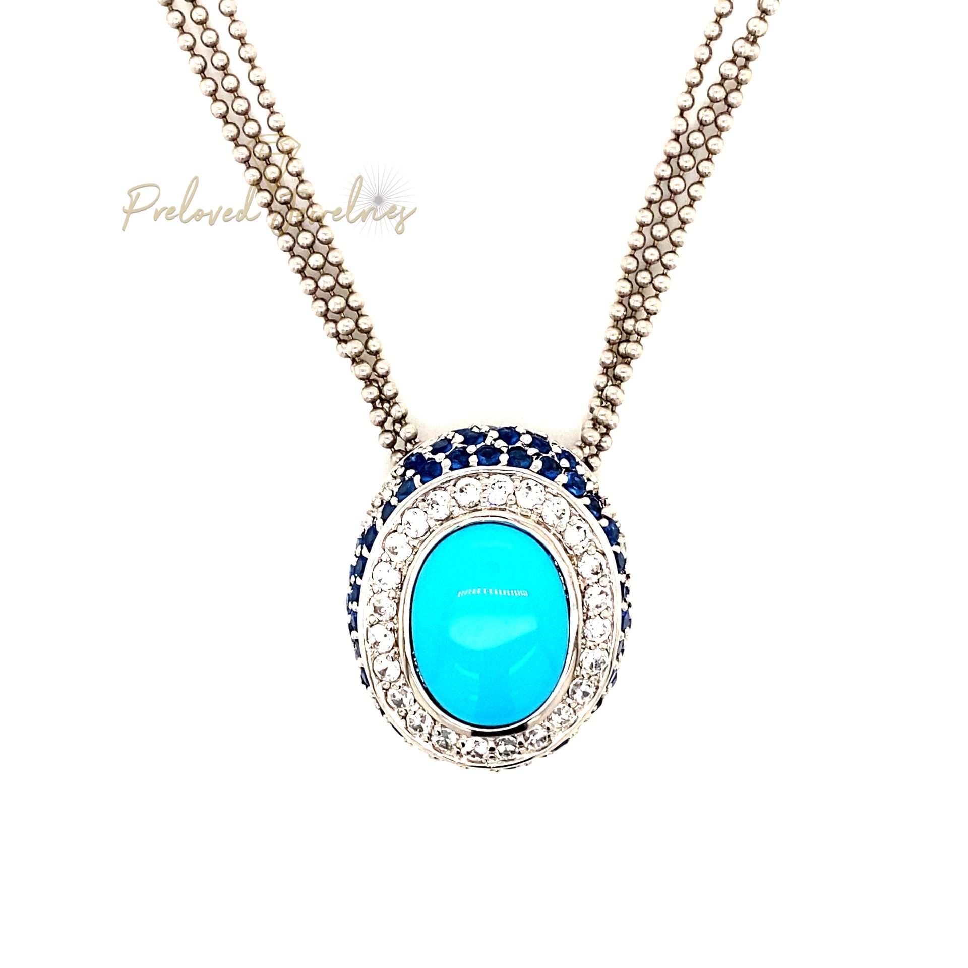 925 Turquoise /Cz/Salphire Oval Necklace 