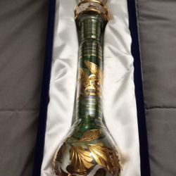 Stunning Green Bohemian blown glass decanter with gold leaf decoration and original box.