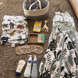 Baby item lot - sleep sacks, blankets, changing caddy, monthly photo props and more
