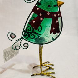 Glass Bird w metal legs Green Garden Sculpture home decor 11” tall