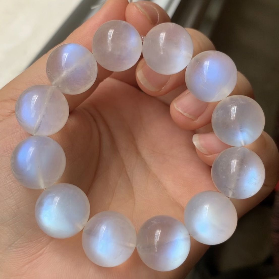 Blue light Rainbow Moonstone bead bracelet, 16.5 mm large gemstone high quality selenite