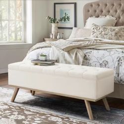 Pero Beige Fabric Upholstered Storage Bench Ottoman with Wood Frame Button Tufted End of Bedroom Bench